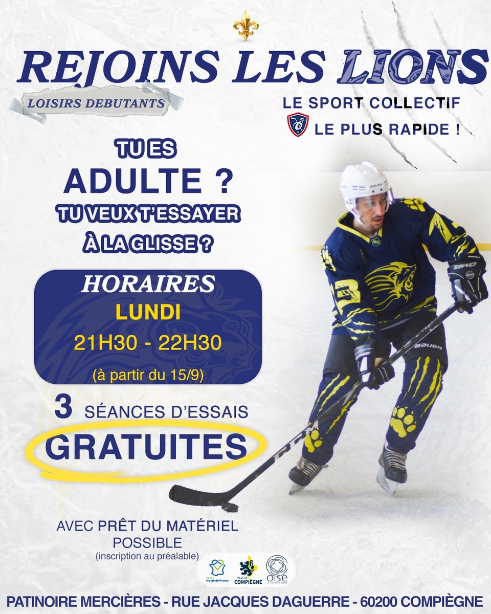 En septembre, venez découvrir le hockey à la patinoire de Compiègne le lundi soir pour les adultes débutants